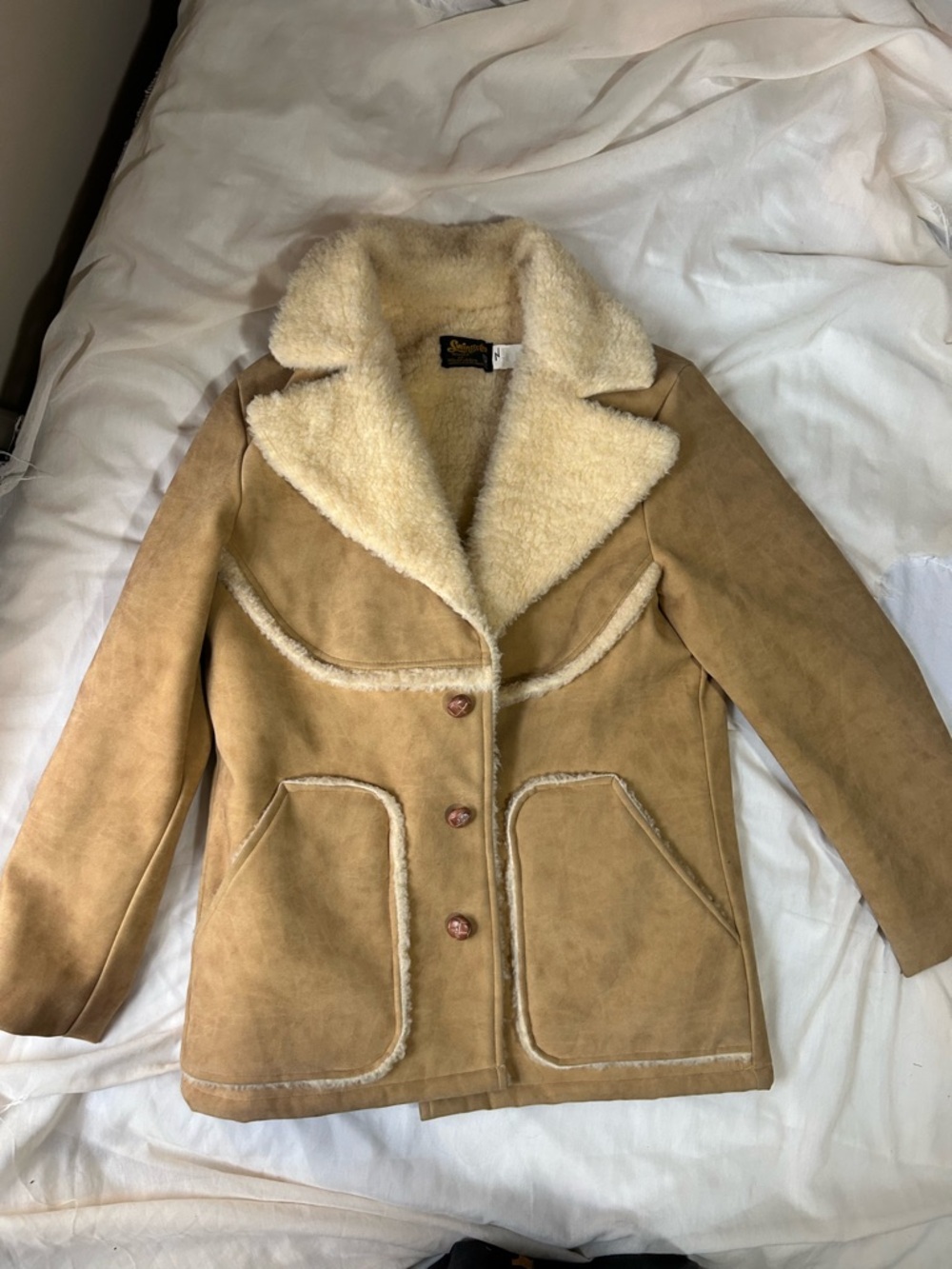 Swingster World of Wearables Kansas USA Medium Tan overcoat furr lined EUC Vtg